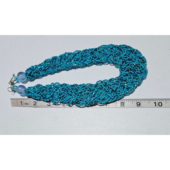 Retro Handmade Turquoise Blue Seed Beaded Chunky Rope Necklace Glass Accents - Picture 5 of 6